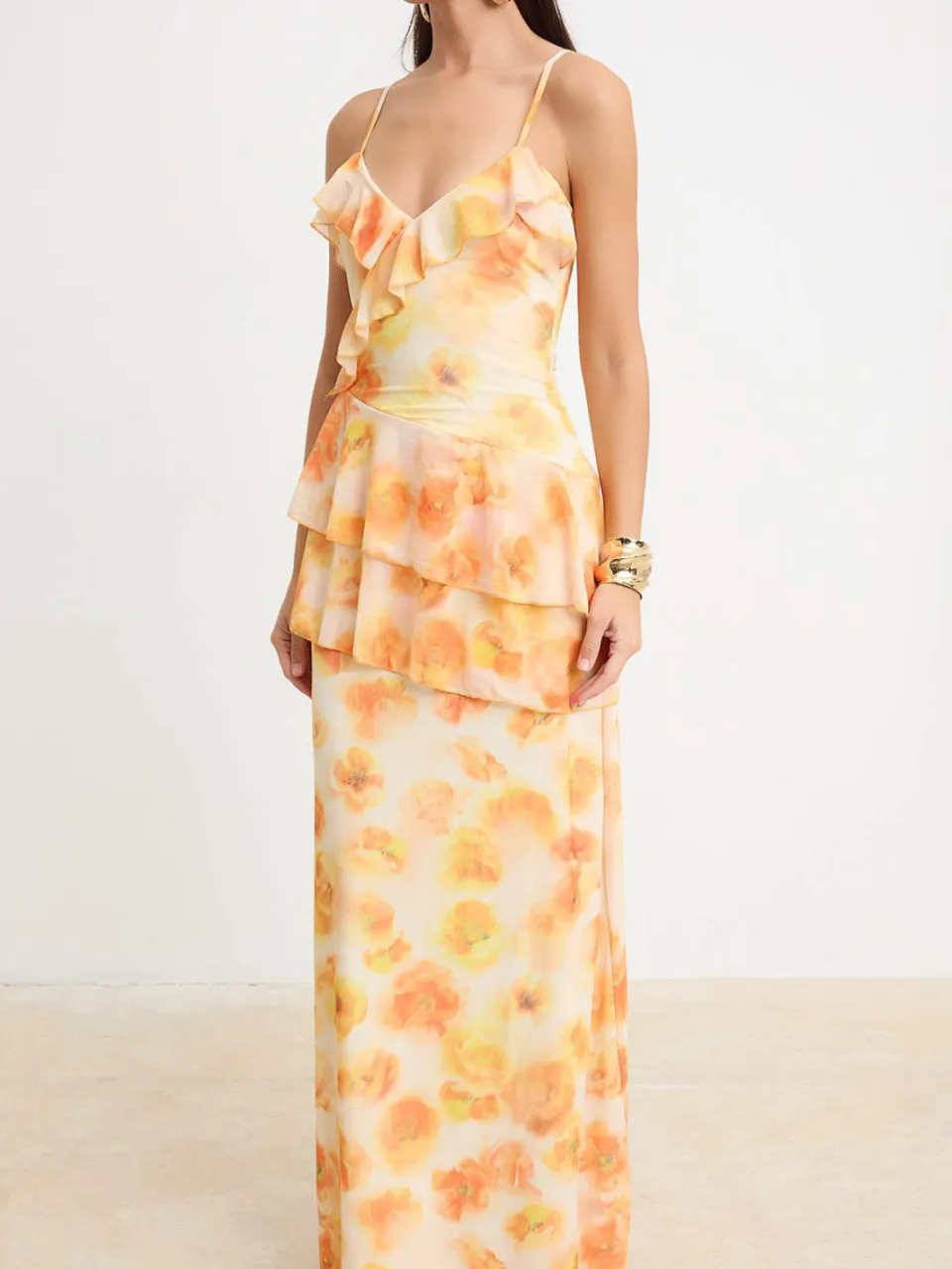 Trendyol TRENDYOLMİLLA Dames Geel Bloemen Maxi Mouwloos Diploma-uitreiking / Gala Recht Avond & Gala Jurk