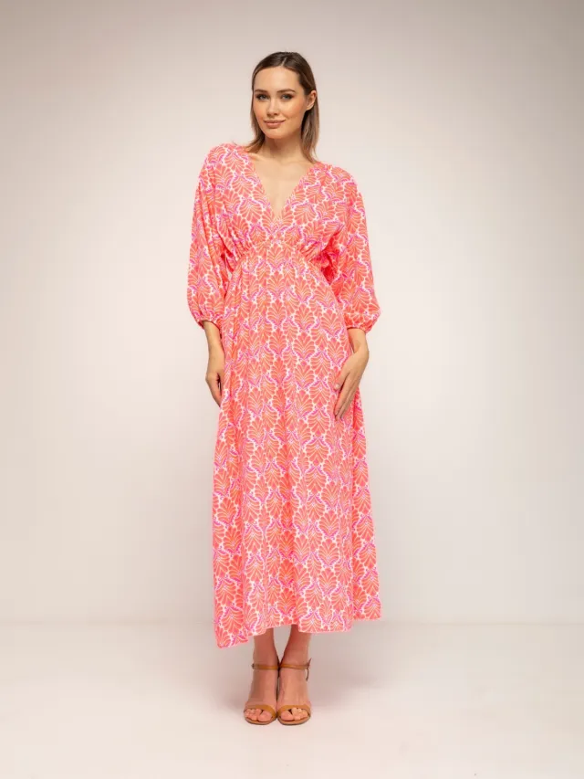 Tantra Geprinte jurk met elastische taille, V-hals en V-rug en vetersluiting Roze