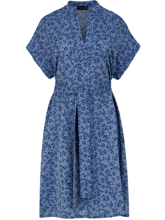Conquista Blauwe jurk met bloemenprint en zijsplitten Indigoblauw