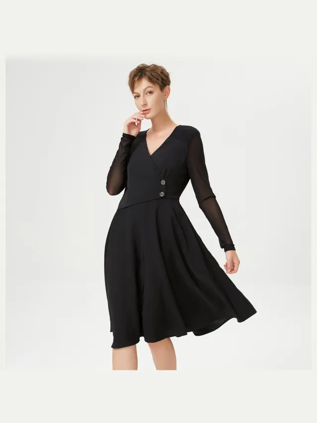 Smart & Joy Skater Cross-Heart Dress en stretch tule mouwen zwart, foto 2