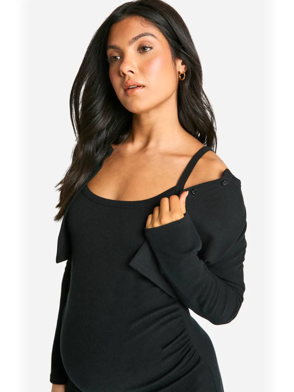 boohoo Dames Zwangerschapsjurk met getextureerde rib, gestripte zij-split midaxi jurk & crop cardigan zwart, foto 2
