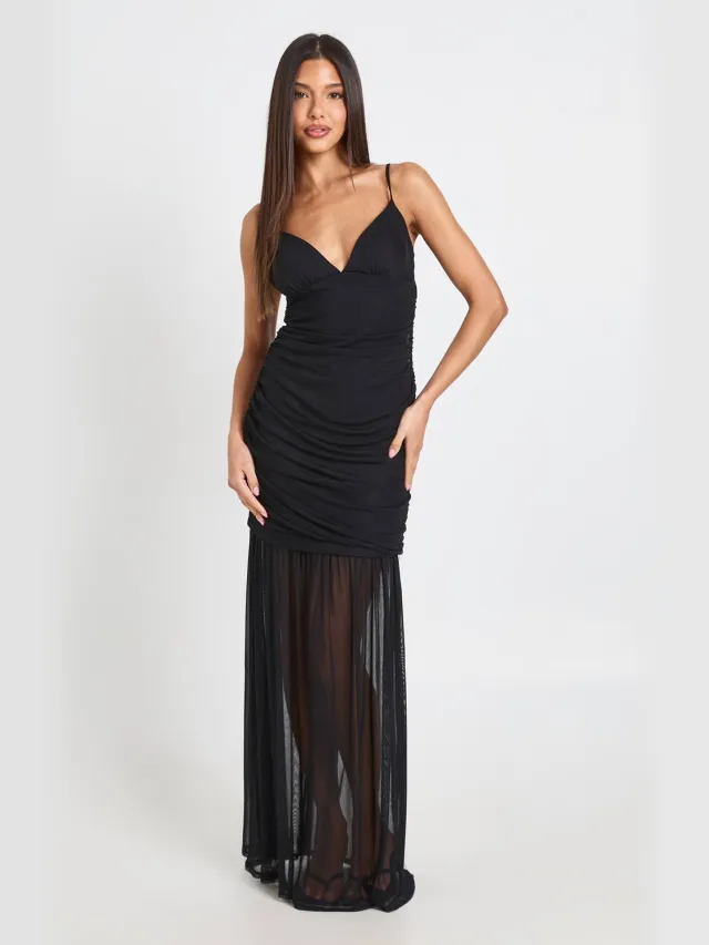 boohoo Dames Mesh Cami Vloerlange Maxi Jurk Zwart