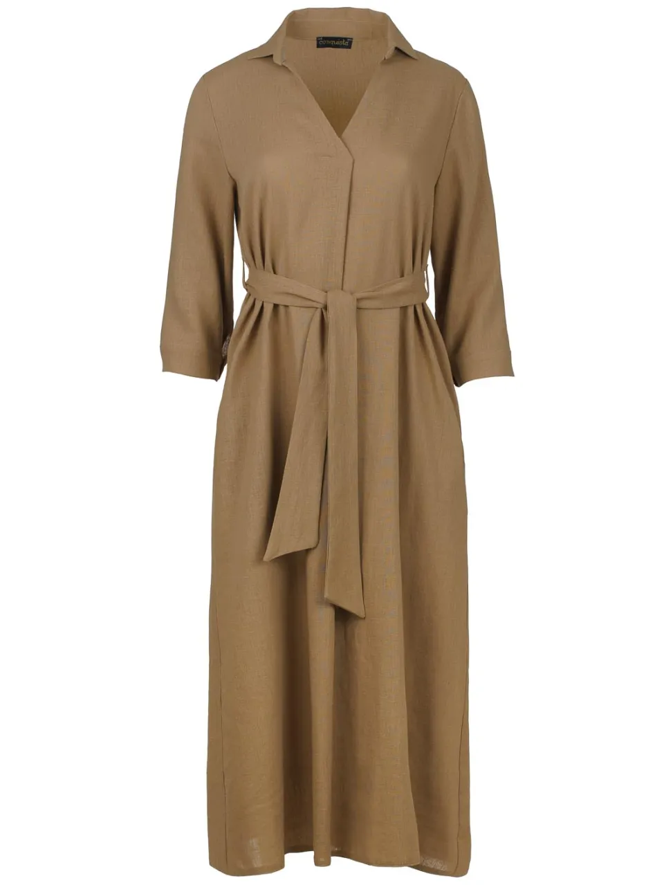 Conquista Beige linnen stijl midi jurk met ceintuur, foto 2