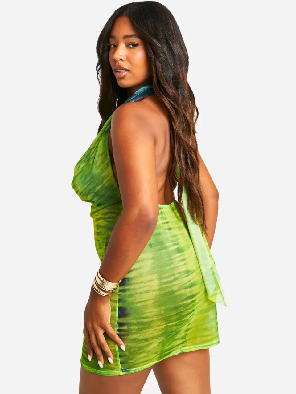 boohoo Dames Plus Mesh Halterneck Bodycon Jurk limoen, foto 3