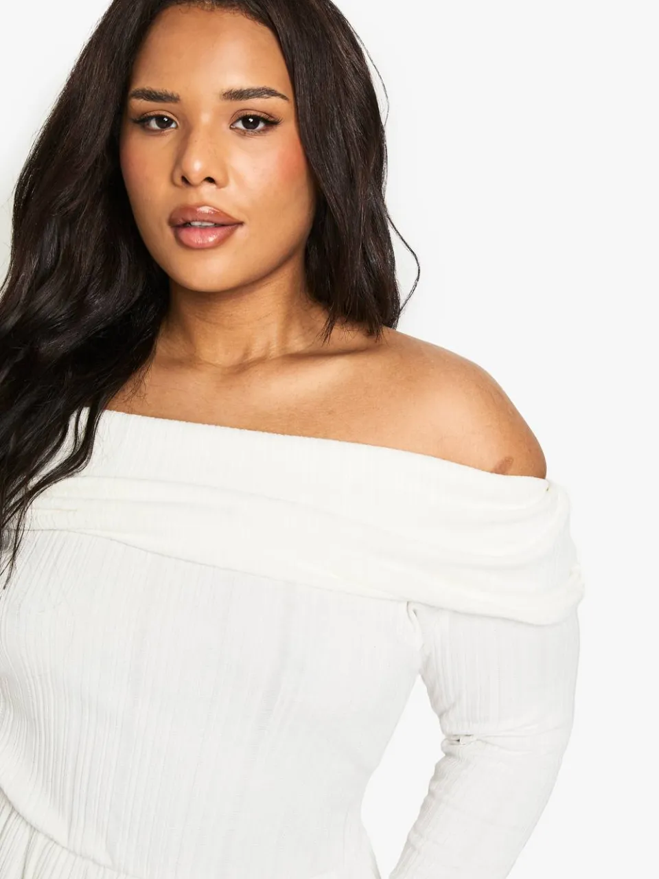 boohoo Dames Plus Cotton Rib Bardot Skater Jurk crème, foto 4