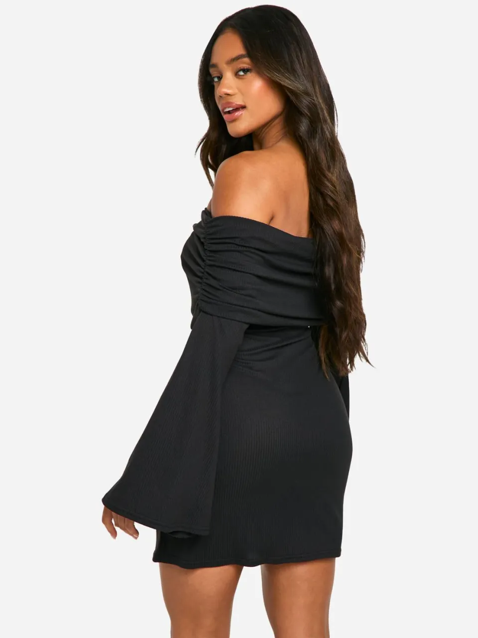boohoo Dames Slouchy Bardot Rib Mini Jurk zwart, foto 2