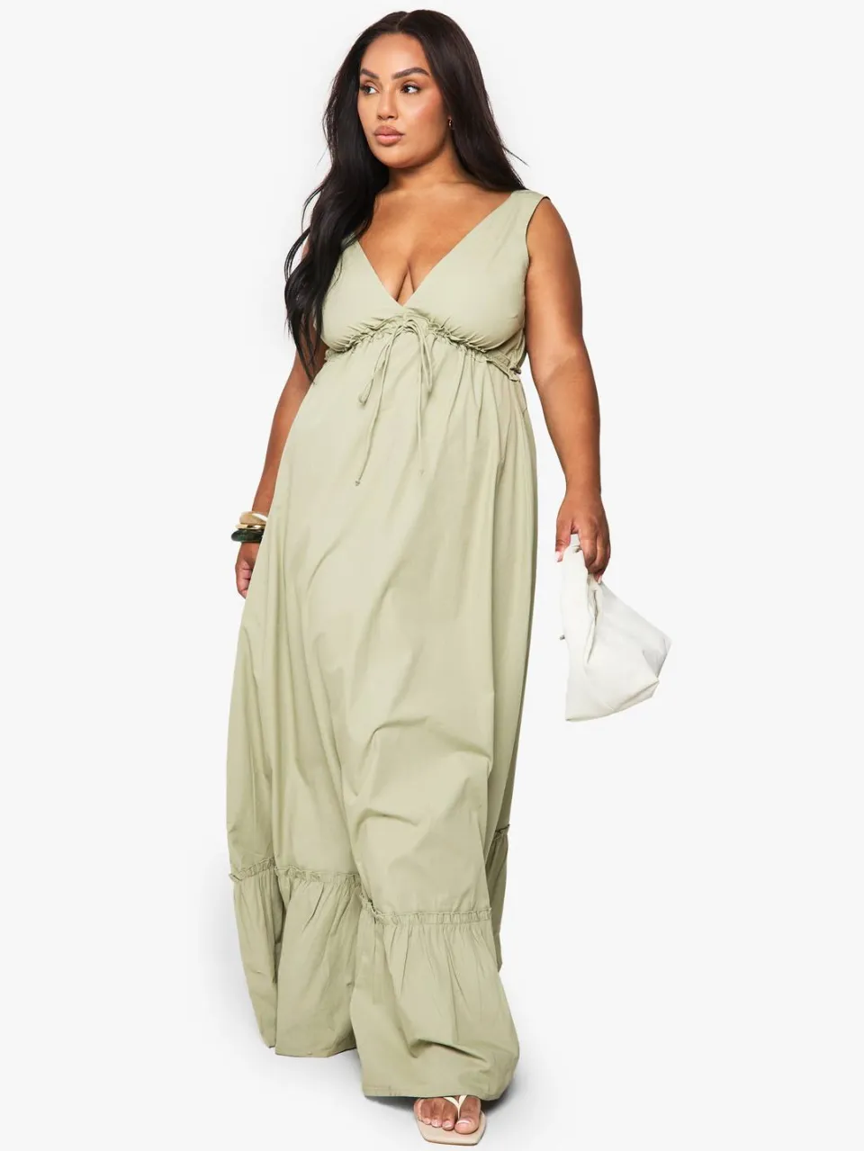 boohoo Dames Plus Katoenen Popeline Maxi-Jurk met Ruche en Strikdetail verstandig, foto 3