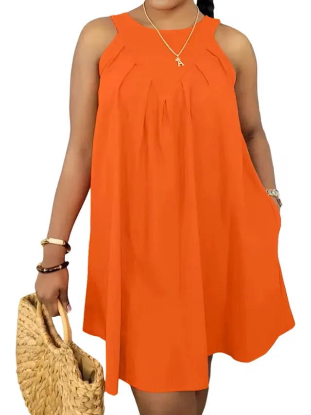 ASTRADAVI Casual Chic - Dames Zomer Jurk - Mooie Crêpe Mouwloze Jurk met Zijzakken - Oranje / Medium