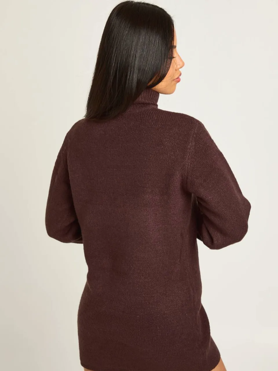 boohoo Dames Petite rolkraag chunky gebreide mini-jurk chocoladebruin, foto 3