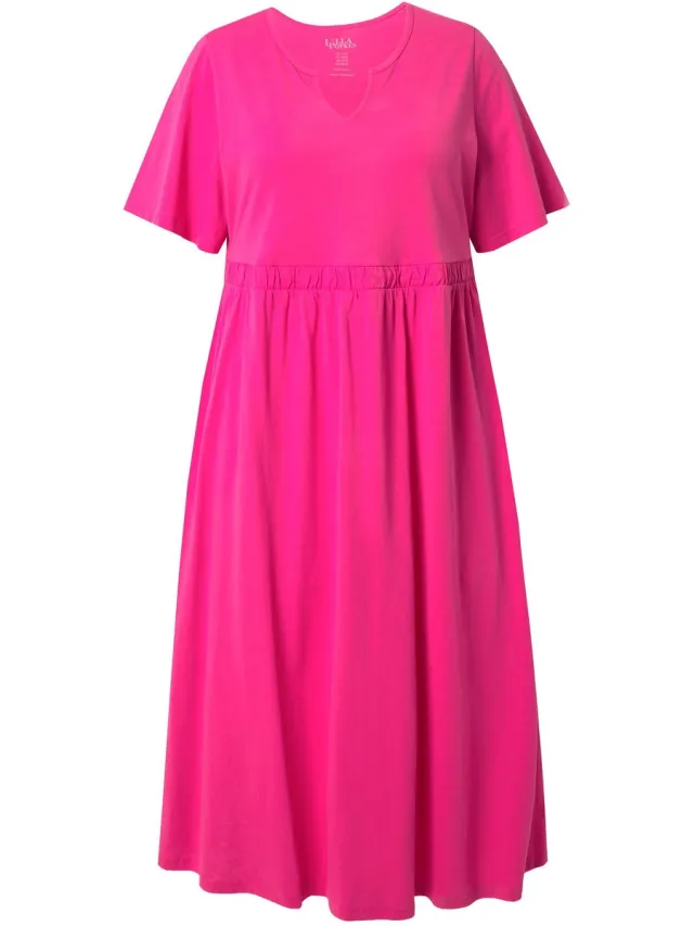 Ulla Popken Dames - Maxi-jurk A-lijn tuniekhals halflange kapmouwen - Roze - Maat 46+