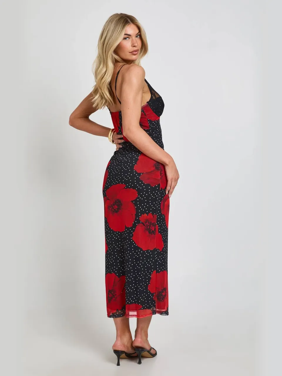 boohoo Dames Bodycon Jurk Met Polkadot En Bloemenprint En Kanten Cup Detail zwart, foto 2