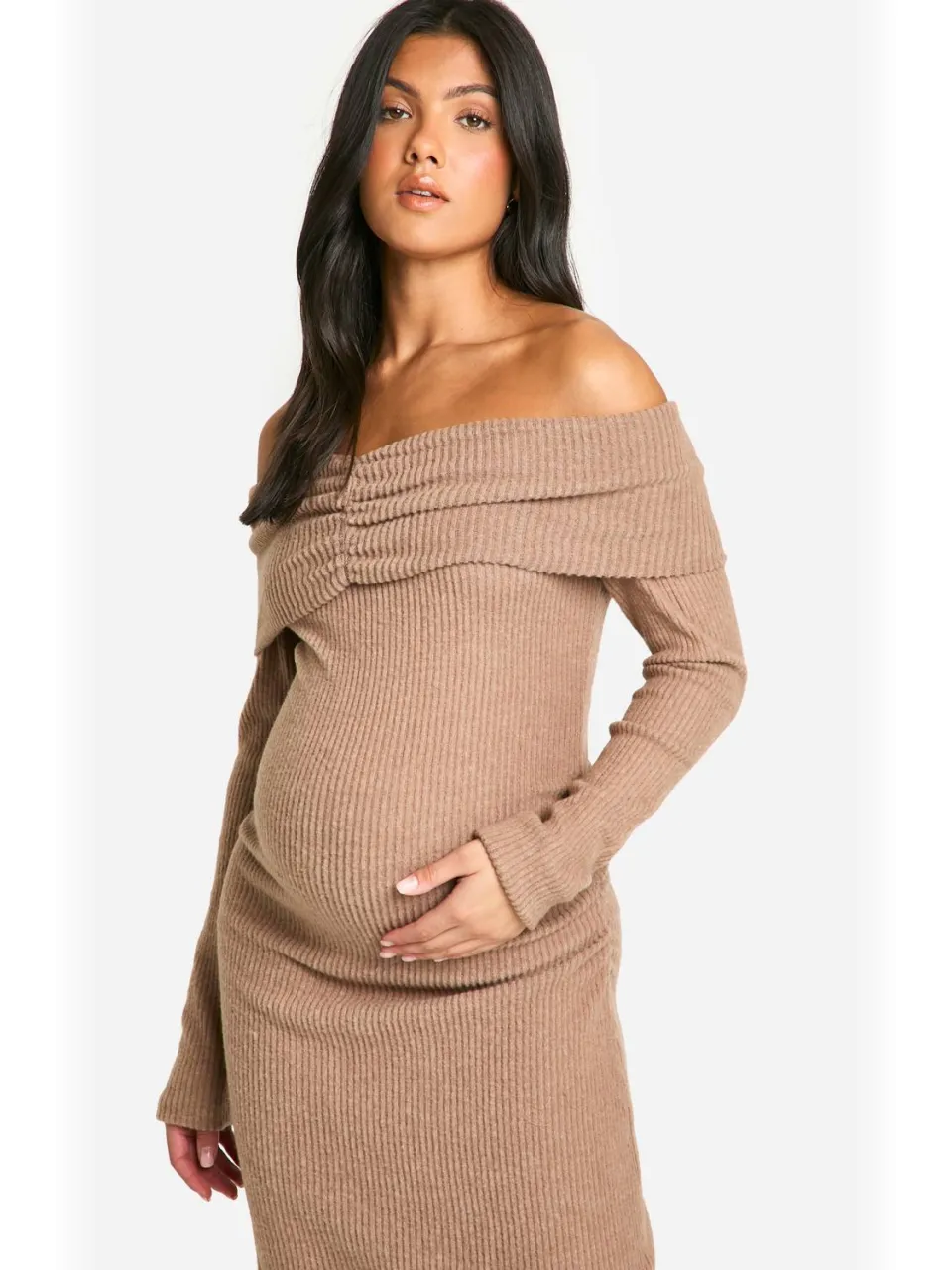 boohoo Dames Zwangerschapsjurk Soft Rib Off-Shoulder Column Maxi Dress camel, foto 3