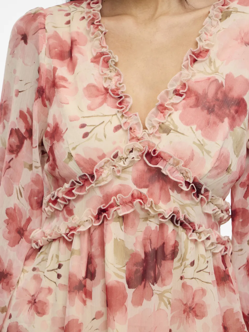 Vila mini jurk met ruches en bloemenprint ecru/ roze, foto 5