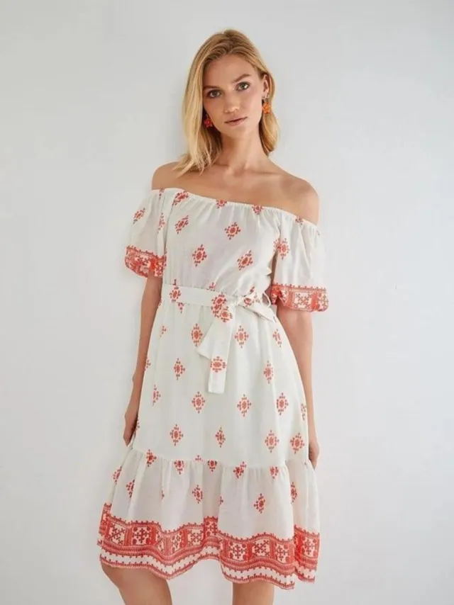 Mixray Bloemen Off Shoulder Midi Jurk Oranje
