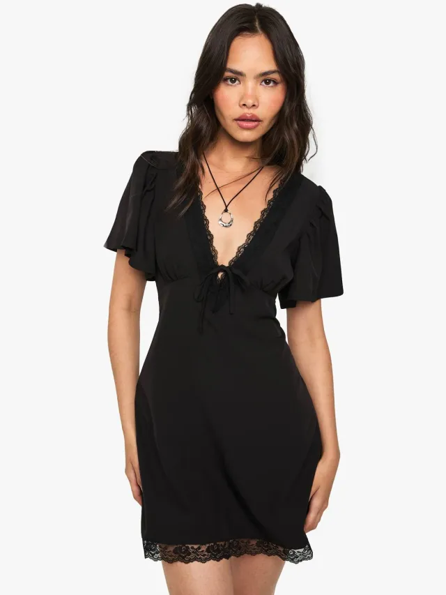 boohoo Dames Mini Jurk met Kanten Afwerking Zwart