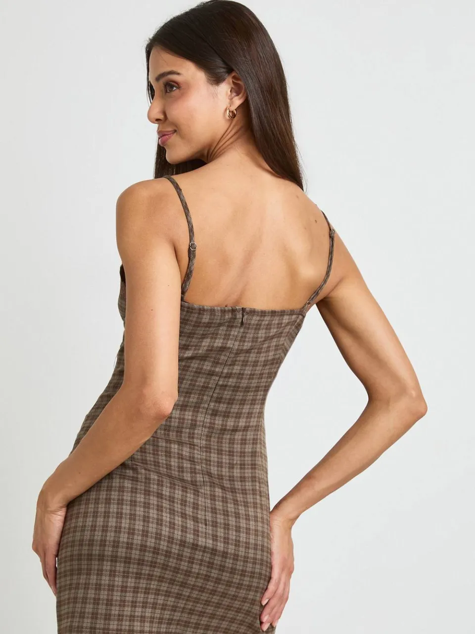 boohoo Dames Mini-jurk Met Toonkleur Ruit En Kanten Rand chocoladebruin, foto 3