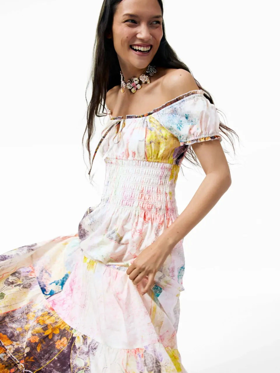 Desigual off shoulder midi jurk met print - meerkleurig multi, foto 4