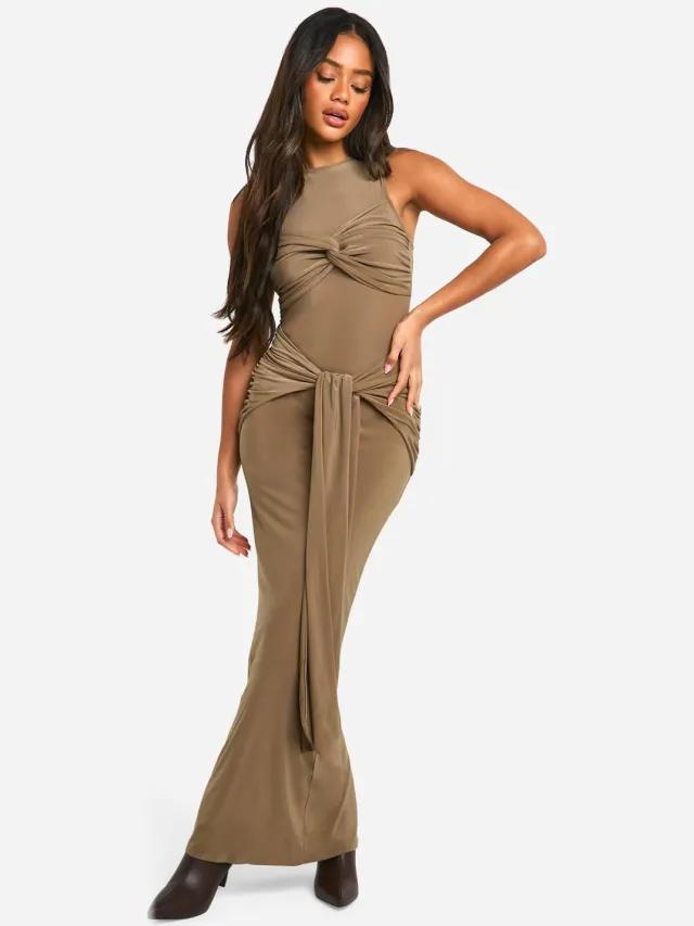 boohoo Dames Geraffelde Twistdetail Racer-nek Maxi Jurk Paddestoel