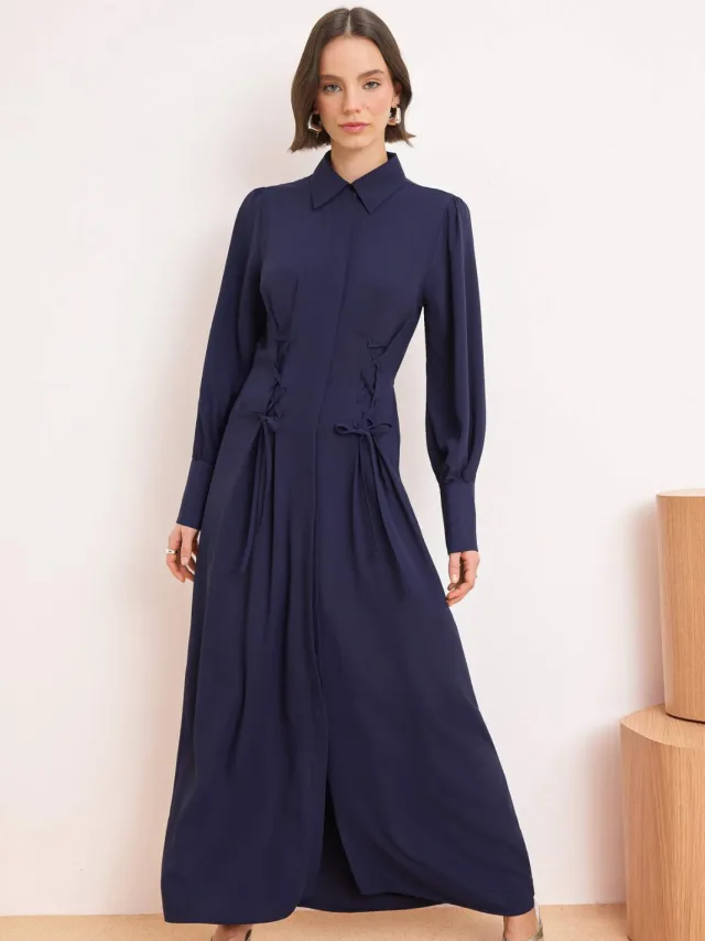 Trendyol Modest Dames Donkerblauw Effen Maxi Lang Stijlvol/Avond Skater Modest Jurken Marineblauw/Blauw