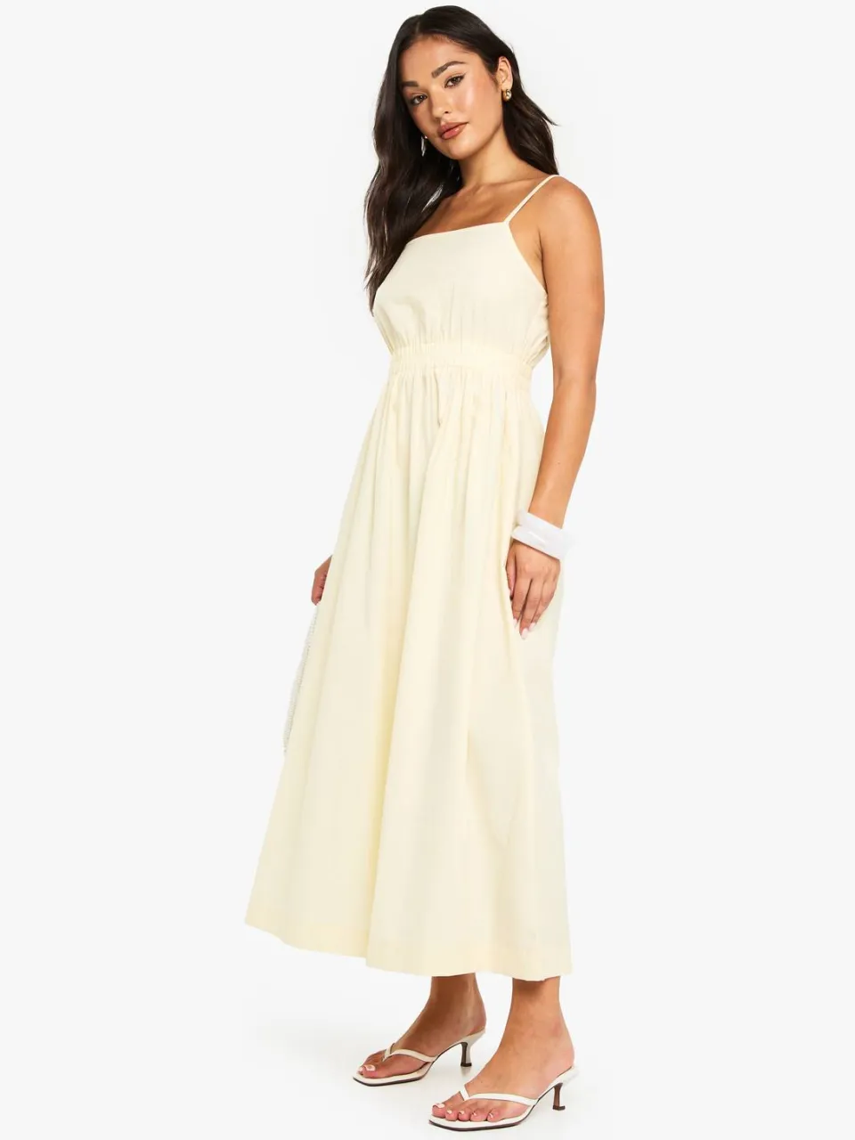 boohoo Dames Kleine Riemige Poplin Midaxi Jurk citroen, foto 3