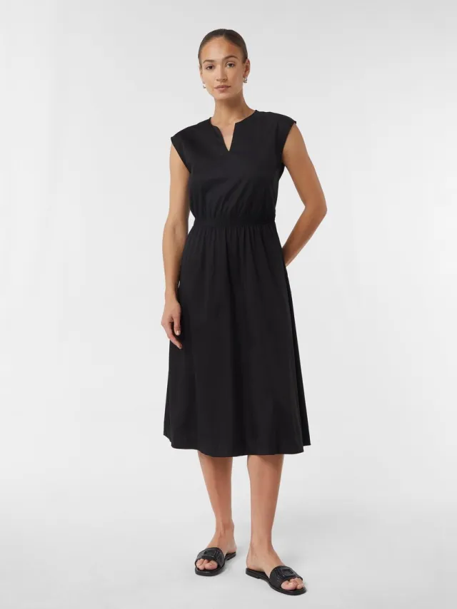 Comma female - Popeline midi-jurk met V-hals en elastische tailleband zwart