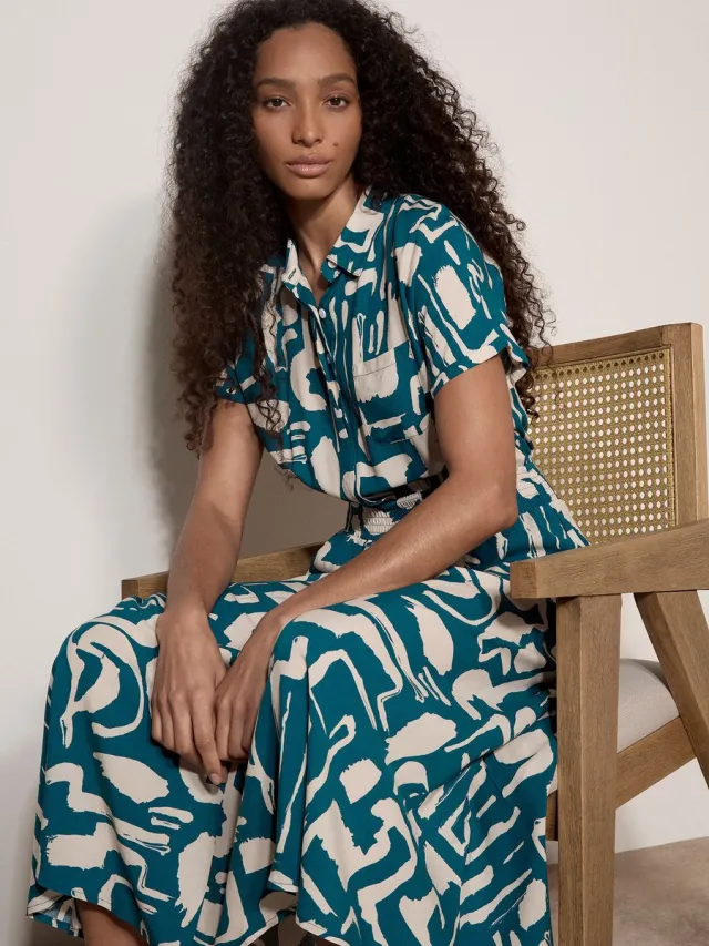 Apricot Midi-jurk met Grieks shirtpatroon Teal