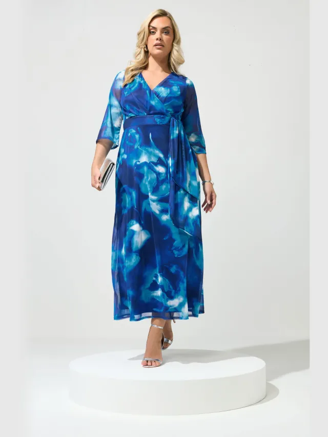 Yours London Blauwe Abstracte Mesh Wikkeljurk Blue