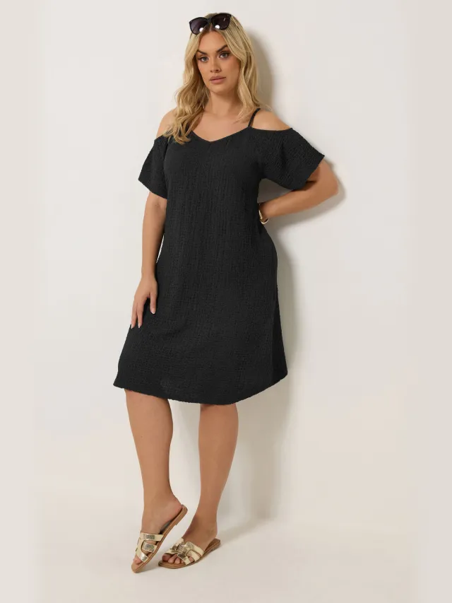 Yours Zwarte Jurk Met Textuur En Open Schouders-56 Black