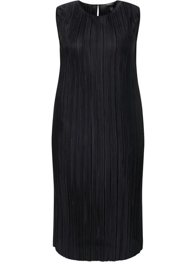 Ulla Popken Dames - Geplooide midi-jurk dubbellaags ronde hals mouwloos - Zwart - Maat 46+