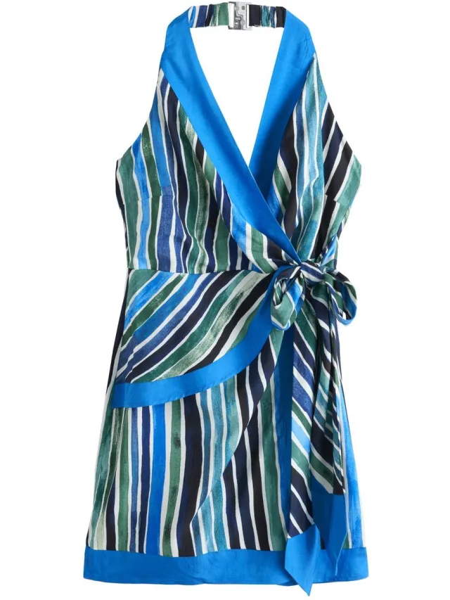 Next Dames - Mini-zomerhalterjurk met neksjaal, petite - Petite - Blauw Blue Stripe