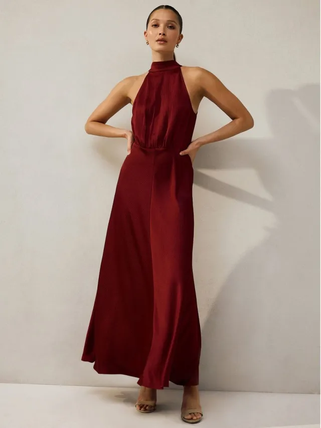 Next Dames - Satijnen halter mouwloze midi-jurk met textuur - Rood Burgundy Red