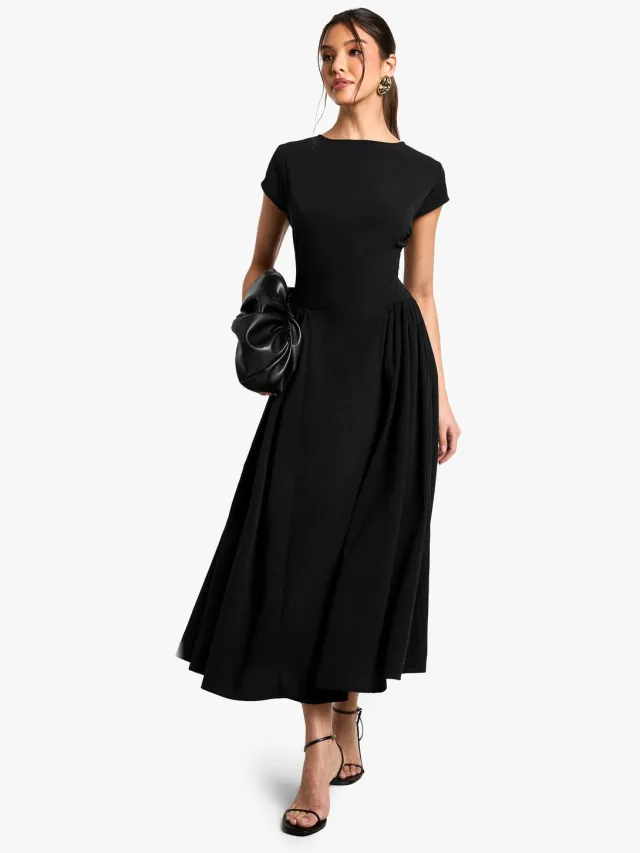 boohoo Dames Textuur Midaxi-jurk met volumineuze rok Zwart
