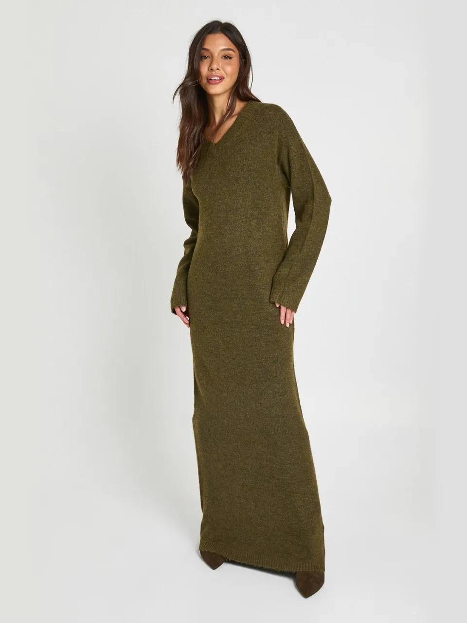 boohoo Dames Gebreide Maxi Jurk Met V-hals En Lange Mouwen olijf, foto 3