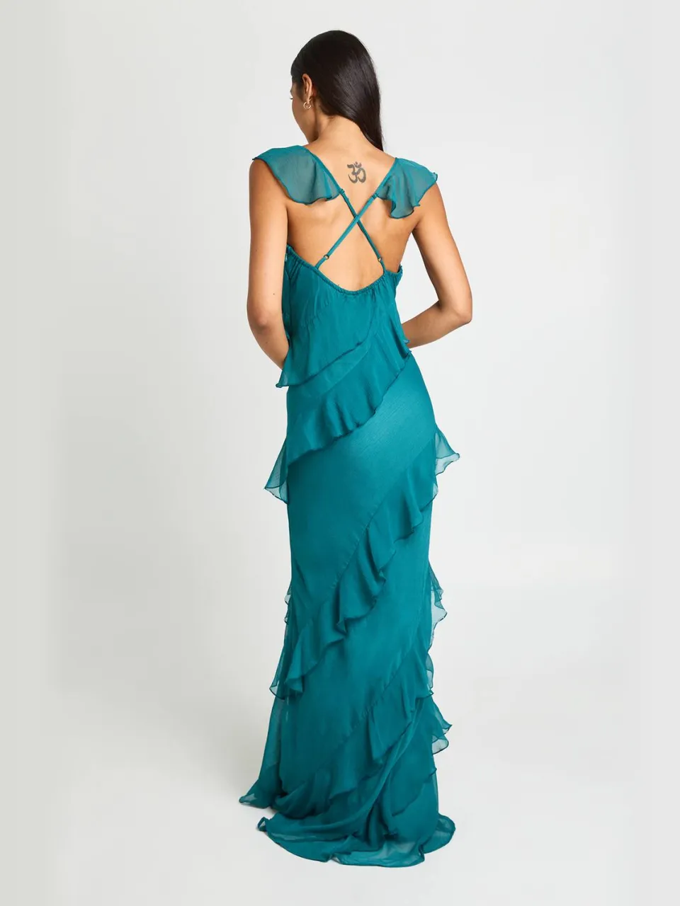 boohoo Dames Lange Chiffon Ruffle Maxi Jurk Tot Op De Grond groenblauw, foto 2