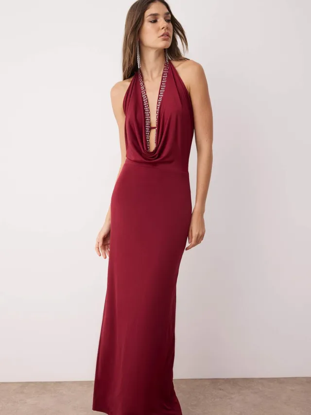 Trendyol TRENDYOLMİLLA Dames Bordeaux Effen Maxi Mouwloos Diploma-uitreiking / Gala A-lijn Avond & Gala Jurk Bordeauxrood