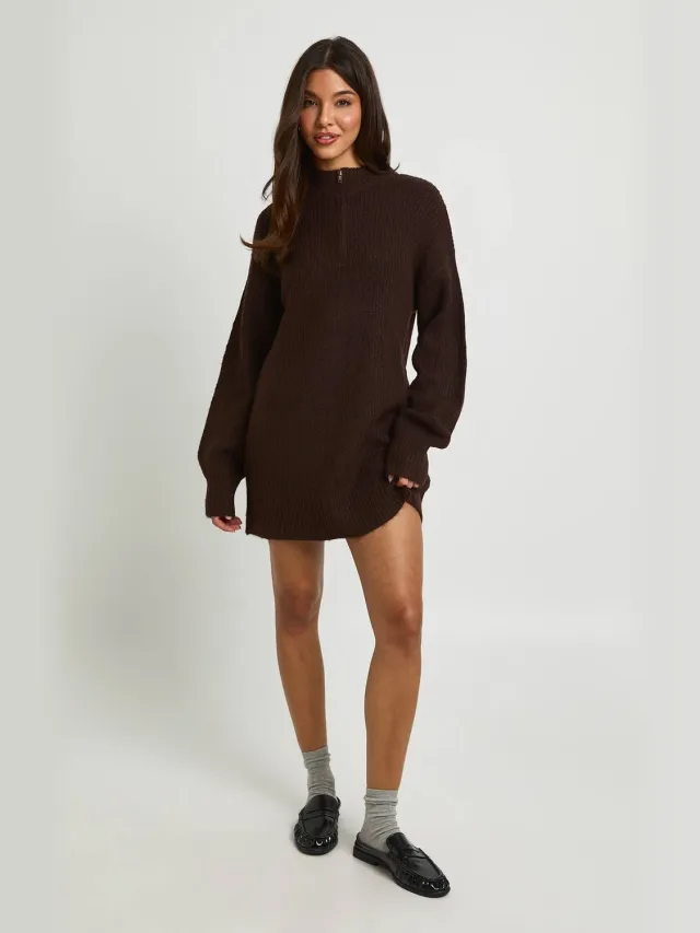 boohoo Dames Zachte Gebreide Oversized Trui-jurk Met Ritskraag Chocoladebruin