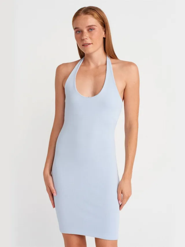 Dilvin Geribbelde Bodycon Minijurk Lichtblauw