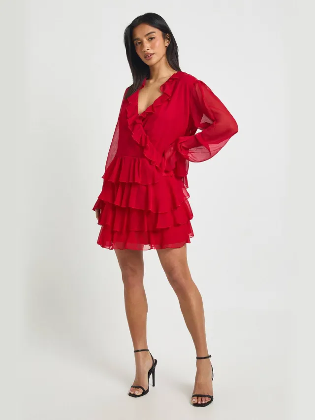 boohoo Dames Petite Chiffon Mini Jurk met Ruffle Details Rood