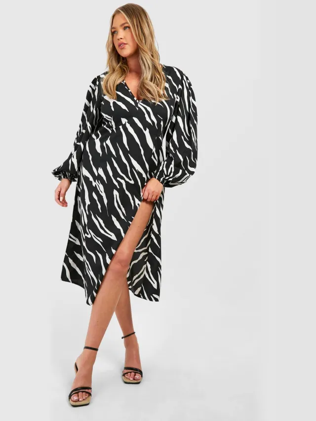 boohoo Dames Plus Animal Print Blouson Sleeve Midi Jurk Black