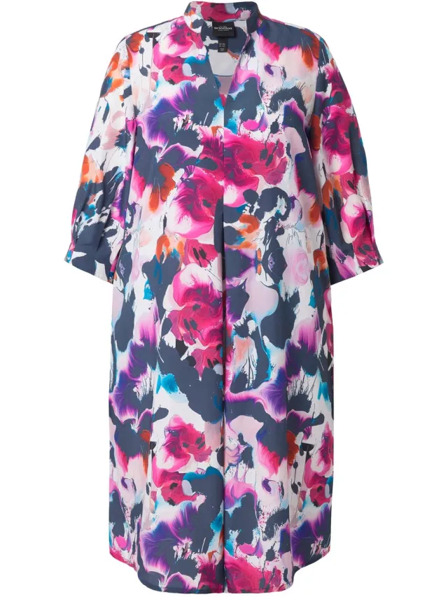 Ulla Popken Dames - Midi-jurk lyocell aquarel A-lijn V-hals 3/4-mouwen - Sneeuwwit - Maat 50+