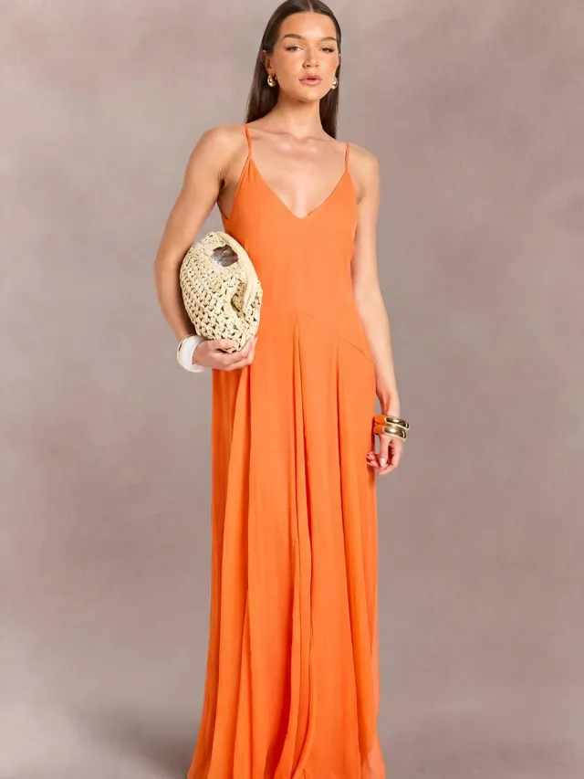 boohoo Dames Bandjes Cami Vloerlange Maxi Jurk Oranje