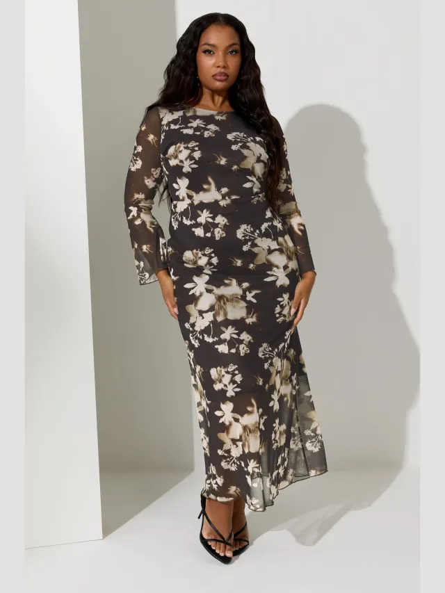 Yours London Natural Brown Floral Mesh Maxijurk