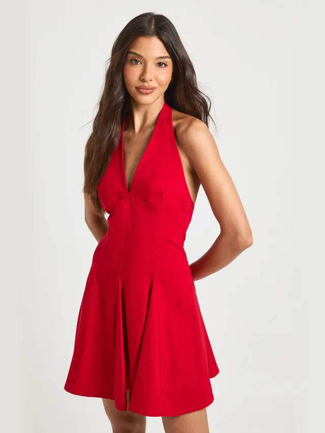 boohoo Dames Bengaline Halterneck Geplooide Skater Jurk Rood