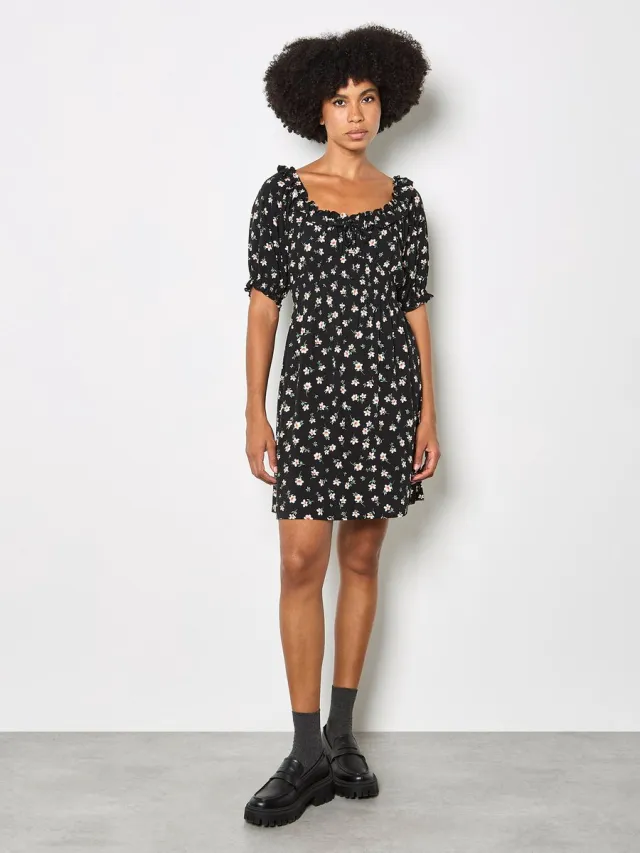 Apricot Mini-jurk met bloemenprint en ruches Zwart