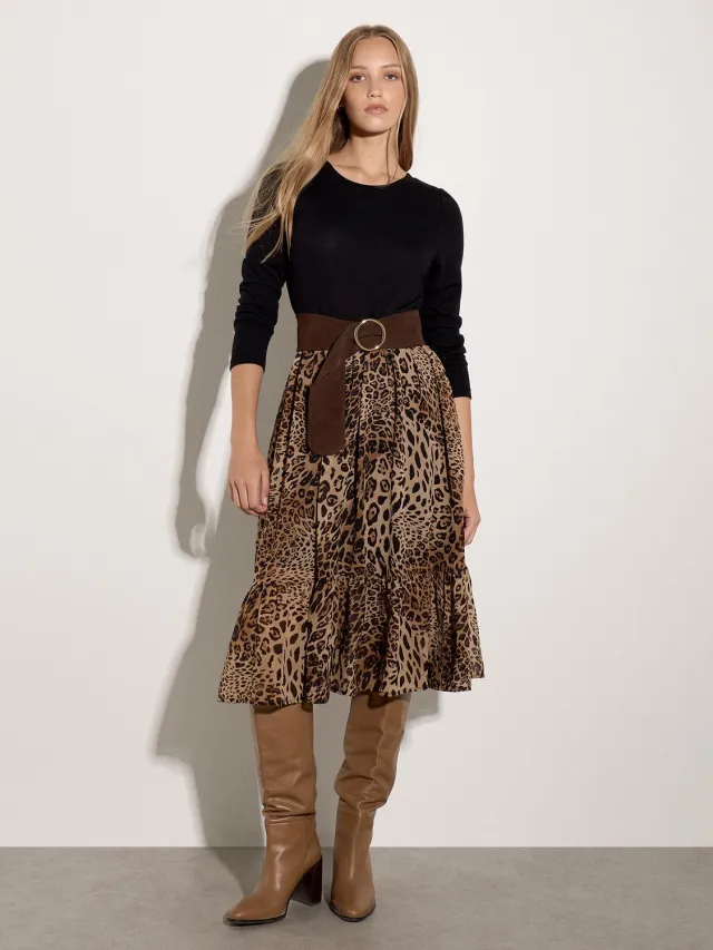 Apricot Midi-jurk met gebreid bovenstuk en dierenprint Zwart