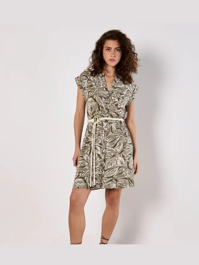 Apricot Leaf Print Rope Belt Mini Dress Kaki