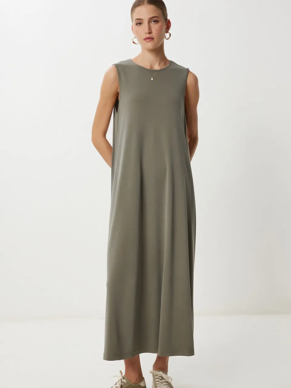 Happiness Istanbul Casual Losse Midi-jurk met Zakken kaki, foto 2