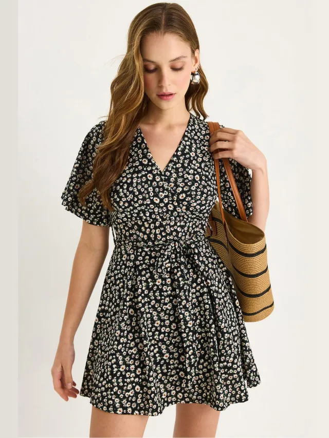 Bianco Lucci Bloemen V-hals Midi-jurk met Split Zwart