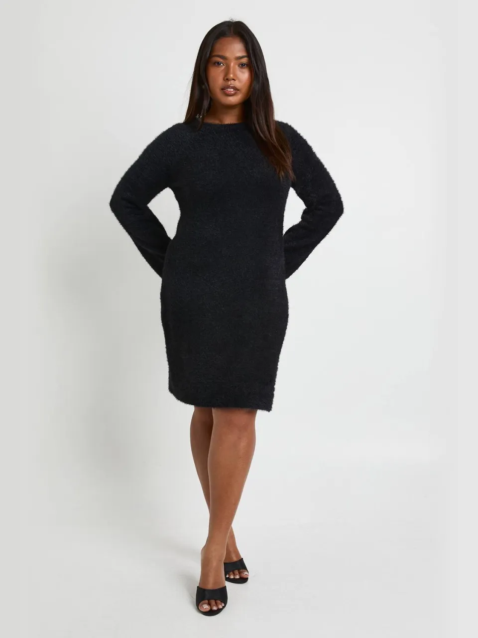 boohoo Dames Plus Strik Rugdetail Super Zachte Gebreide Jurk Zwart