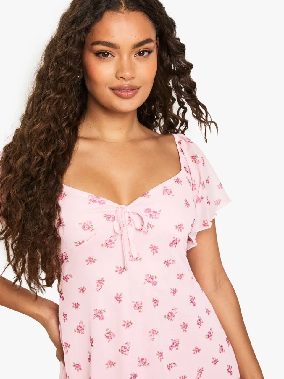 boohoo Dames Ditsy Floral Mesh Mini-jurk met Engelachtige Mouwen en Strik aan de Voorkant lichtroze, foto 4